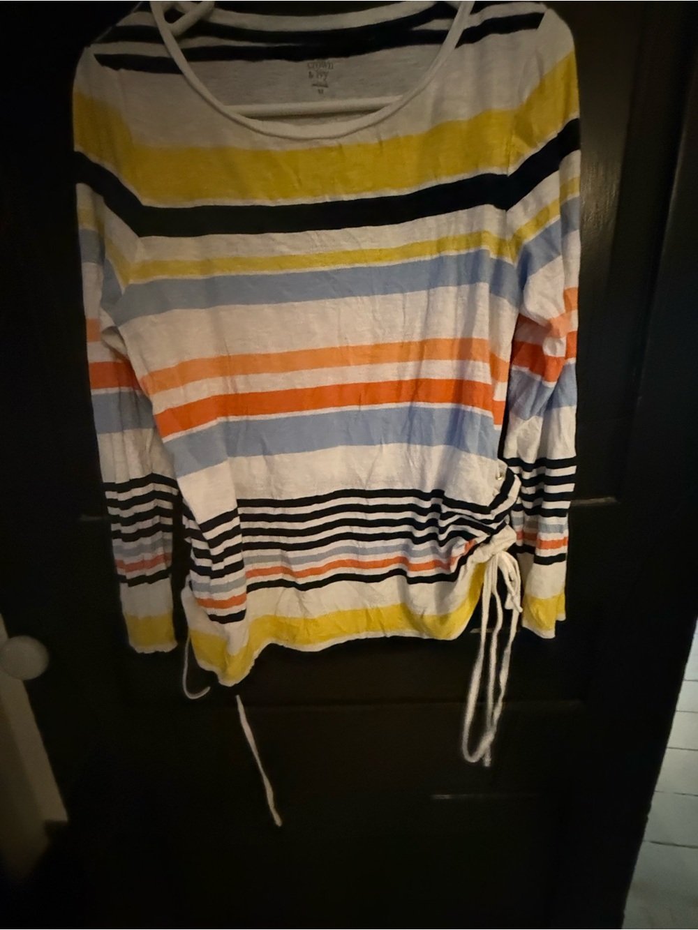 Striped Tie-Side Long Sleeve Top - Yellow, Orange, Light Blue, Black, White
